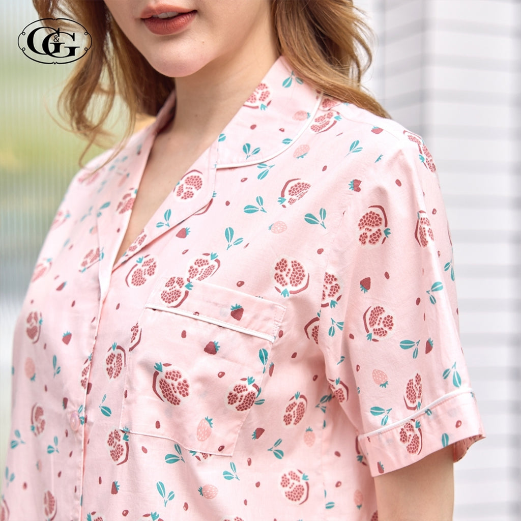 G&G - Pajama Set, Short-Sleeve Notched-Collar Shirt & Long Pants, Cotton, Pomegranate Print, EN4C002, Pink - OCC LIFE