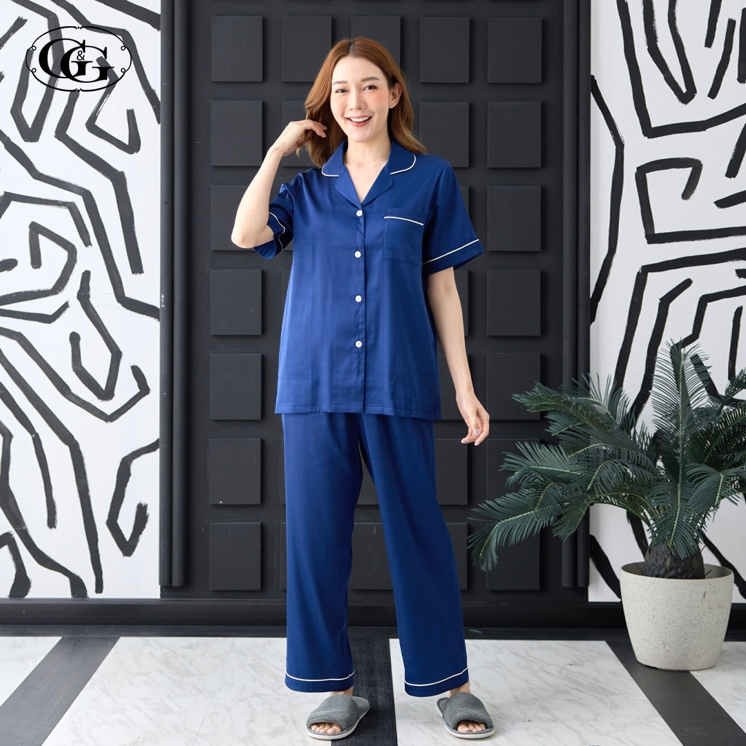 G&G - Satin Pajama Set, Short-Sleeve Notched-Collar Shirt & Long Pants, EN4S001, Navy Gray Pink - OCC LIFE