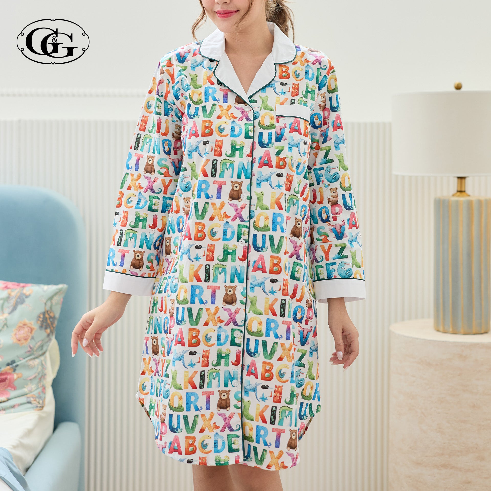 G&G - Pajama Dress Collared Long-Sleeve Button-Front Cotton EN7C001 White (WH) - OCC LIFE