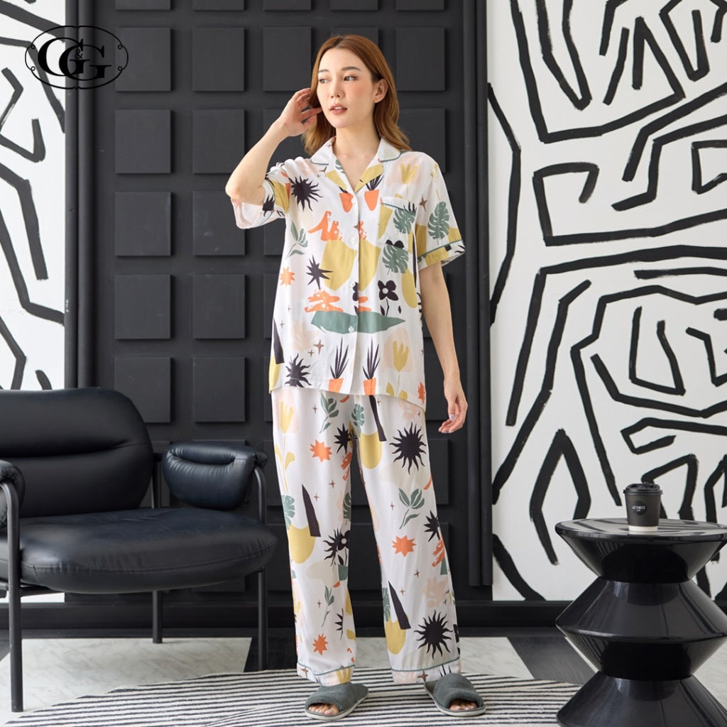 G&G - Pajama Set, Short-Sleeve Notched-Collar Shirt & Long Pants, Rayon, EN4R001, White - OCC LIFE