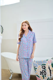 G&G - Pajama Set, Short-Sleeve Notched-Collar Shirt & Cropped Pants (3/4 length), Rayon, Floral Curtain Print, EN3R017, Baby Blue - OCC LIFE