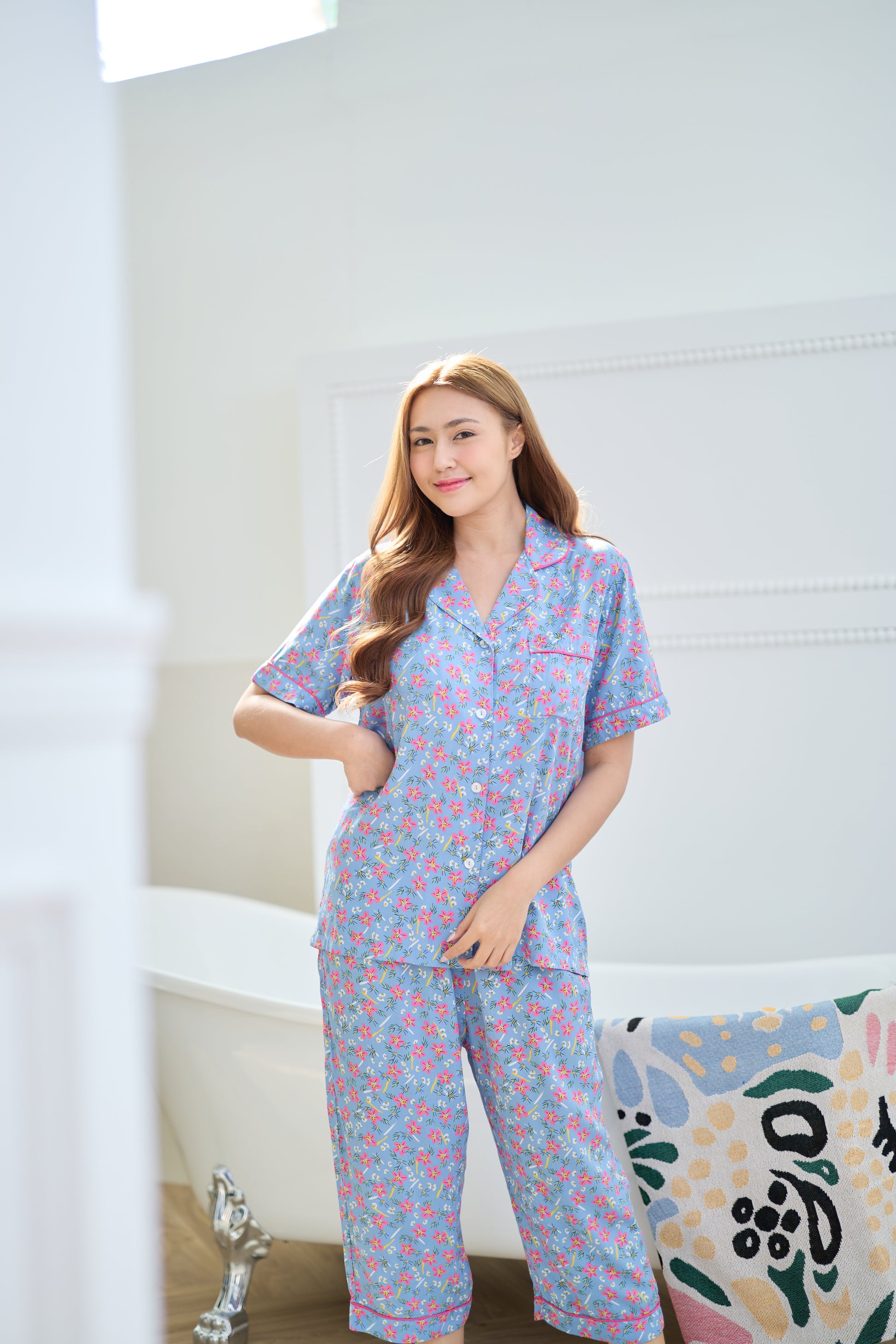G&G - Pajama Set, Short-Sleeve Notched-Collar Shirt & Cropped Pants (3/4 length), Rayon, Floral Curtain Print, EN3R017, Baby Blue - OCC LIFE