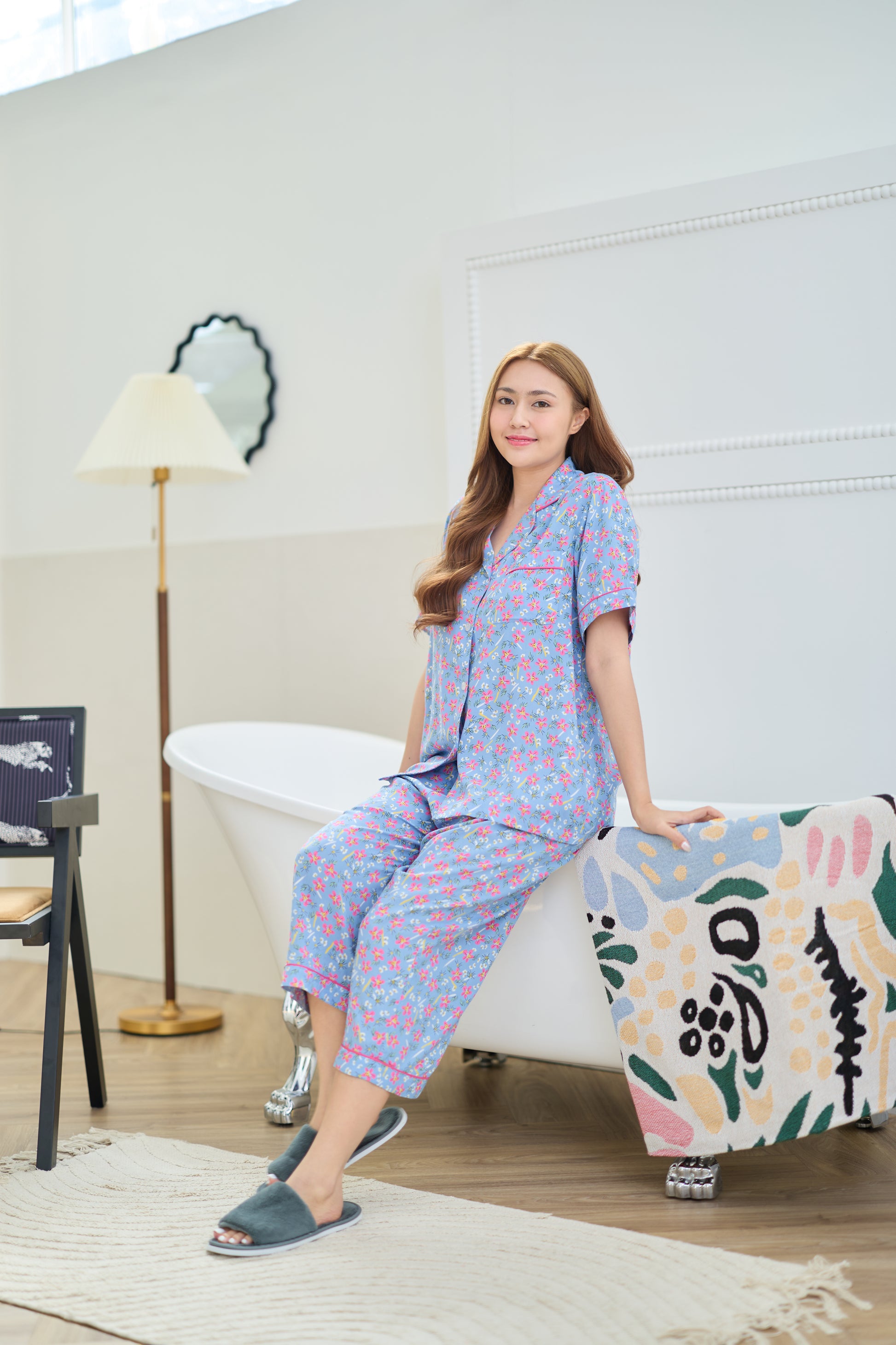 G&G - Pajama Set, Short-Sleeve Notched-Collar Shirt & Cropped Pants (3/4 length), Rayon, Floral Curtain Print, EN3R017, Baby Blue - OCC LIFE