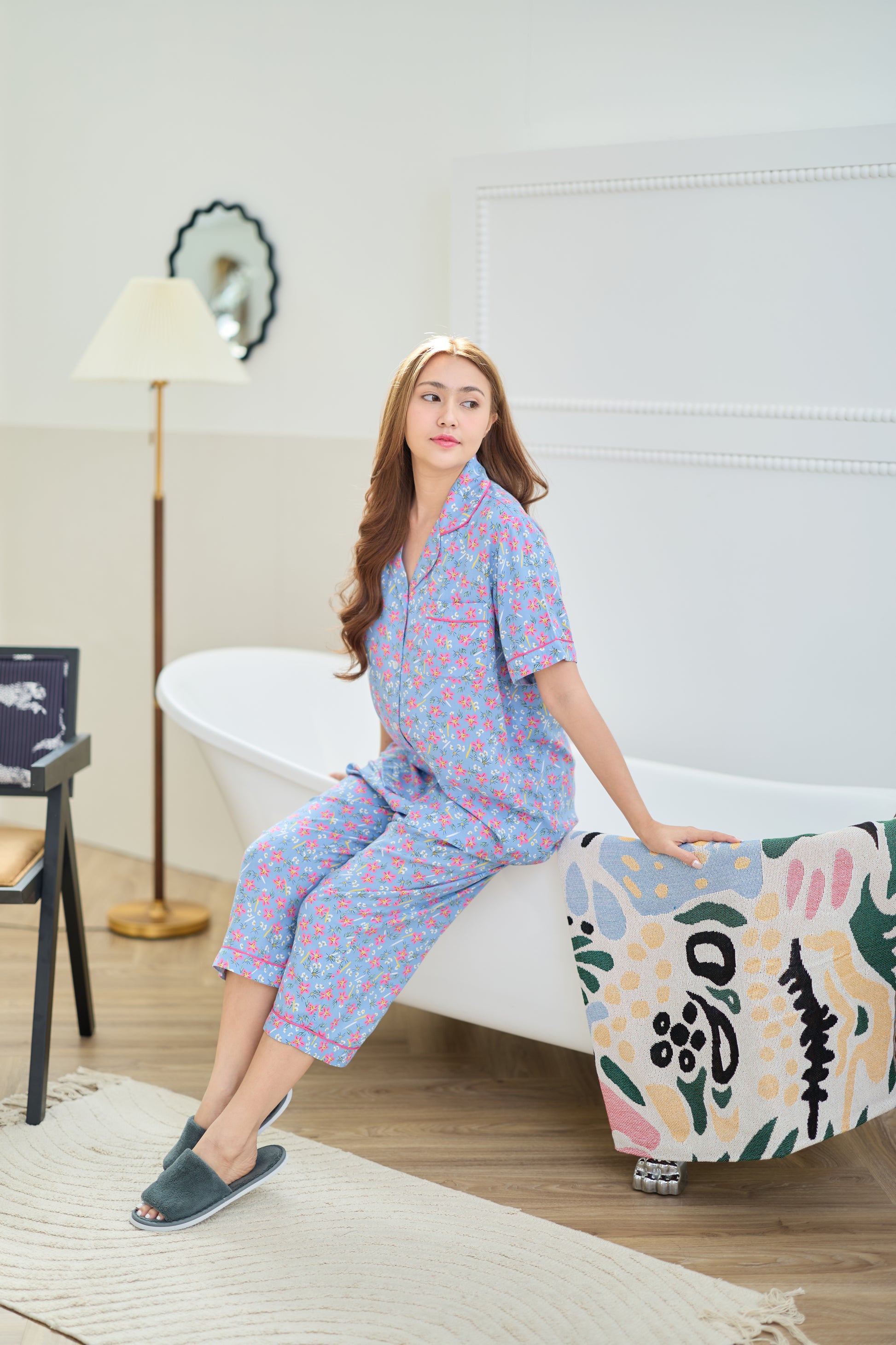 G&G - Pajama Set, Short-Sleeve Notched-Collar Shirt & Cropped Pants (3/4 length), Rayon, Floral Curtain Print, EN3R017, Baby Blue - OCC LIFE