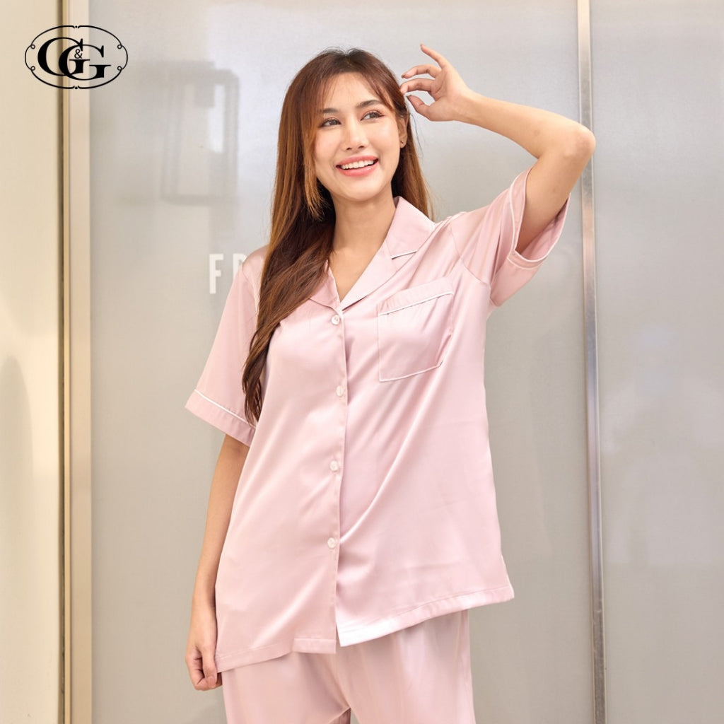 G&G - Satin Pajama Set, Short-Sleeve Notched-Collar Shirt & Long Pants, EN4S001, Navy Gray Pink - OCC LIFE