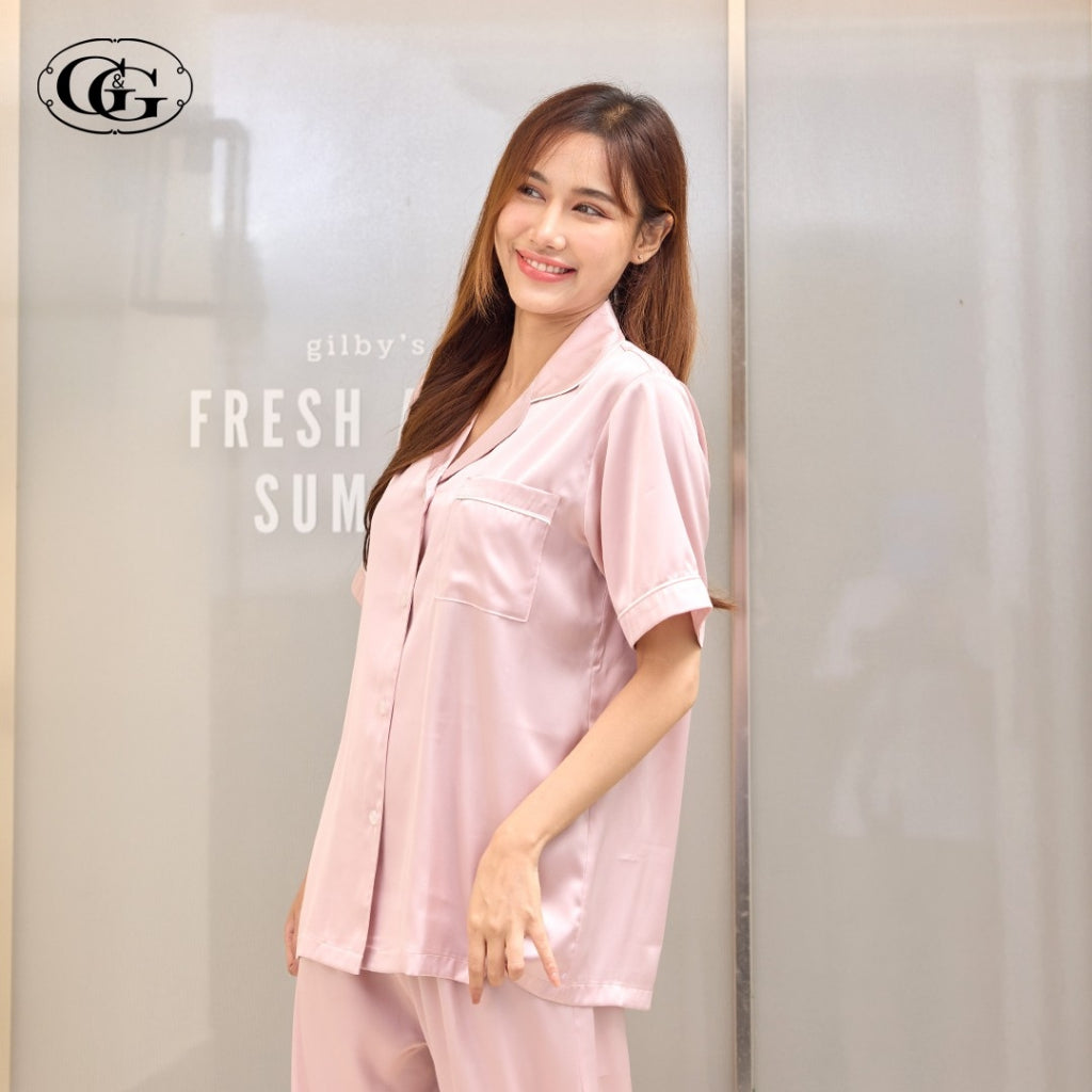 G&G - Satin Pajama Set, Short-Sleeve Notched-Collar Shirt & Long Pants, EN4S001, Navy Gray Pink - OCC LIFE