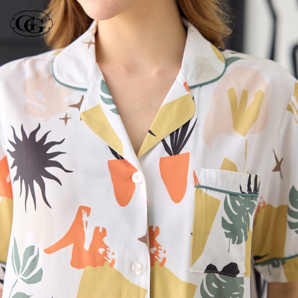 G&G - Pajama Set, Short-Sleeve Notched-Collar Shirt & Long Pants, Rayon, EN4R001, White - OCC LIFE