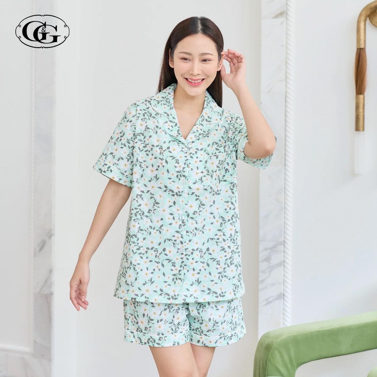 G&G - Pajama Set Short-Sleeve Collared Shirt and Shorts Cotton Floral Print EN1C008 Green (GR) - OCC LIFE