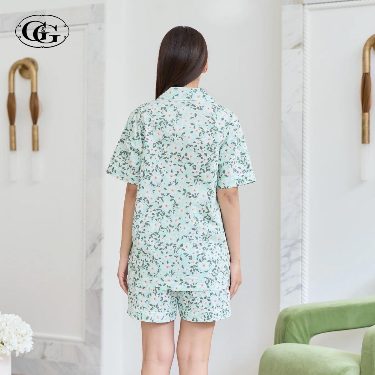 G&G - Pajama Set Short-Sleeve Collared Shirt and Shorts Cotton Floral Print EN1C008 Green (GR) - OCC LIFE