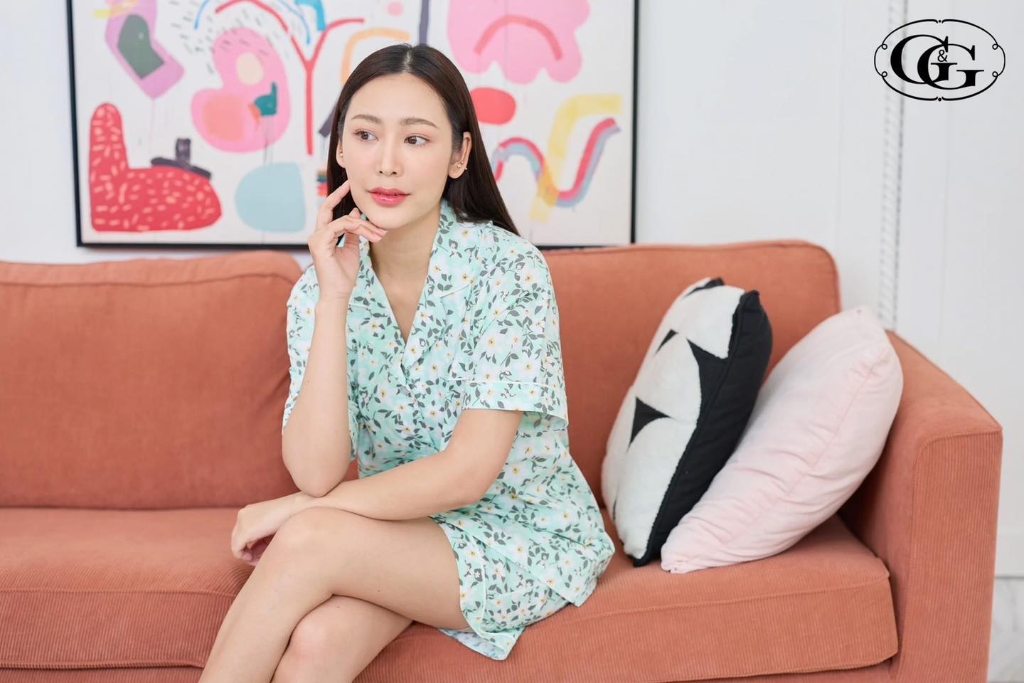 G&G - Pajama Set Short-Sleeve Collared Shirt and Shorts Cotton Floral Print EN1C008 Green (GR) - OCC LIFE