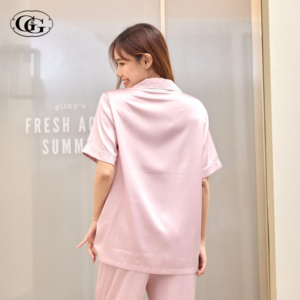 G&G - Satin Pajama Set, Short-Sleeve Notched-Collar Shirt & Long Pants, EN4S001, Navy Gray Pink - OCC LIFE