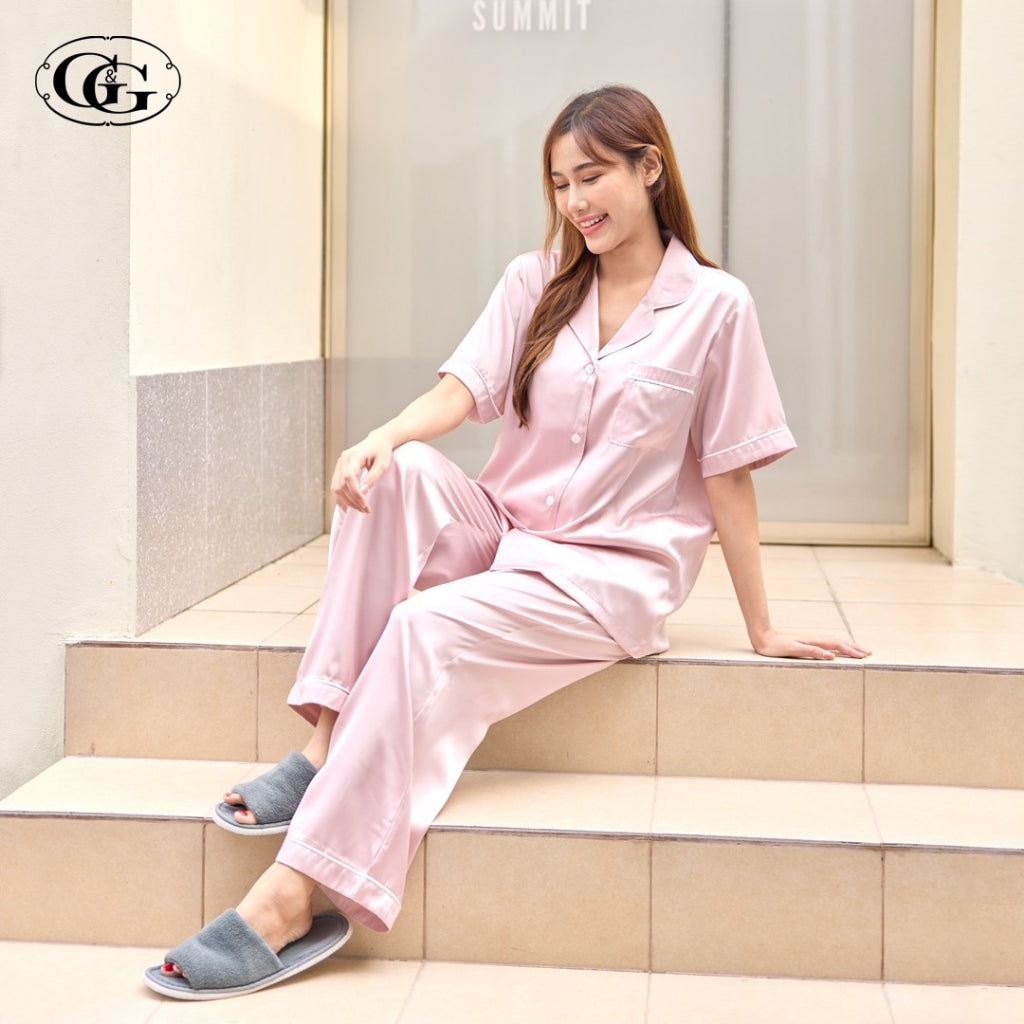 G&G - Satin Pajama Set, Short-Sleeve Notched-Collar Shirt & Long Pants, EN4S001, Navy Gray Pink - OCC LIFE