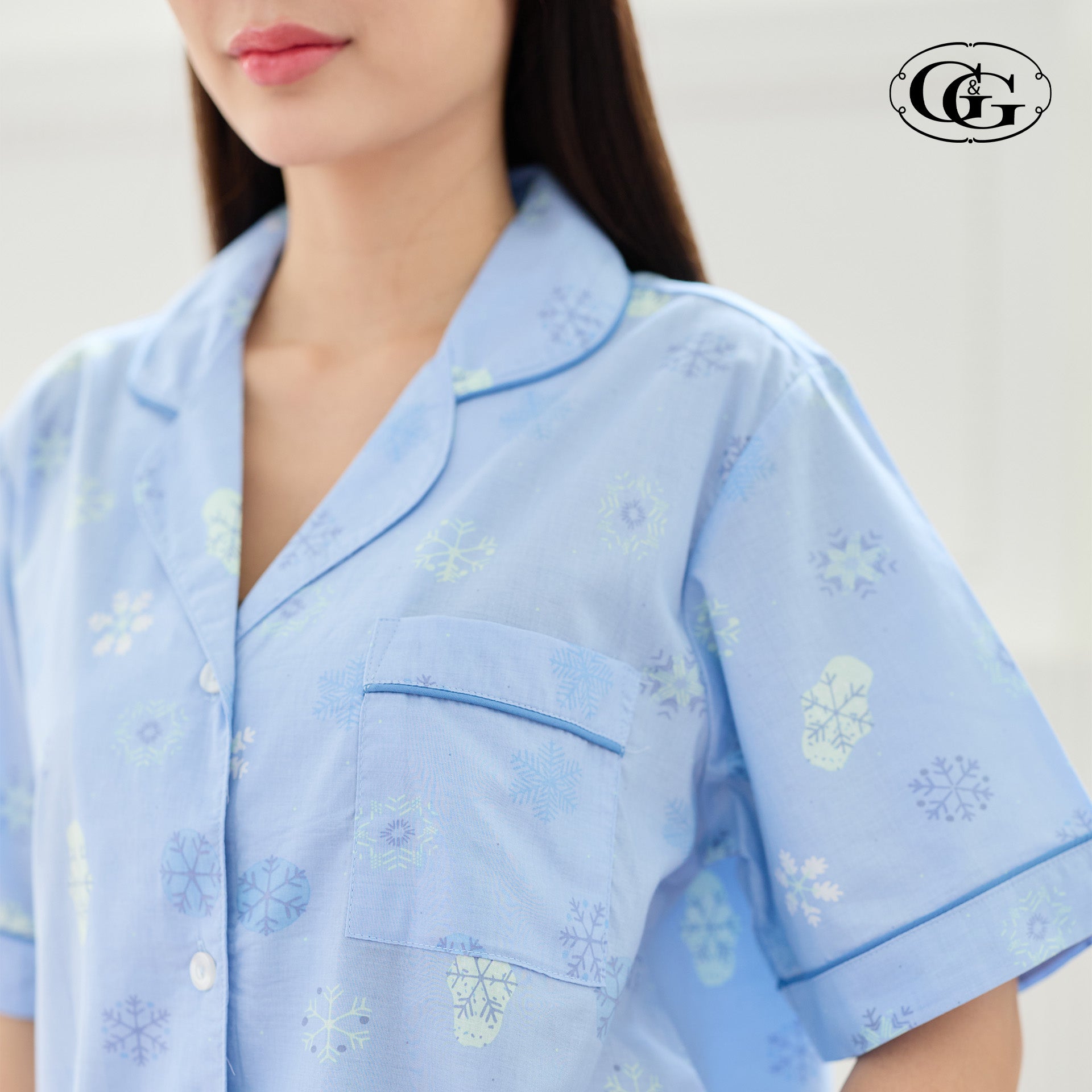G&G - Pajama Set, Short-Sleeve Notched-Collar Shirt & Shorts, Cotton, Snowflake Print, EN1C006, Blue - OCC LIFE