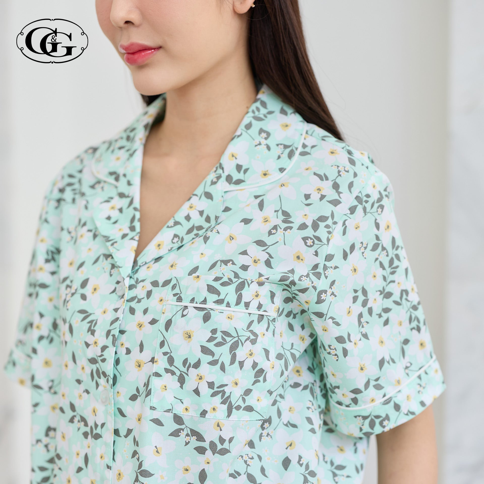 G&G - Pajama Set Short-Sleeve Collared Shirt and Shorts Cotton Floral Print EN1C008 Green (GR) - OCC LIFE