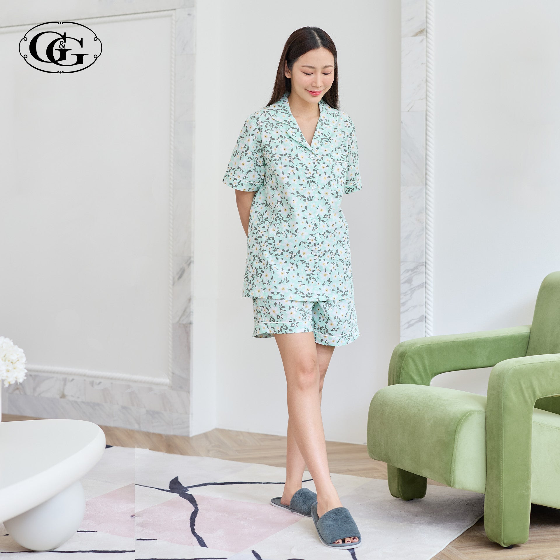 G&G - Pajama Set Short-Sleeve Collared Shirt and Shorts Cotton Floral Print EN1C008 Green (GR) - OCC LIFE