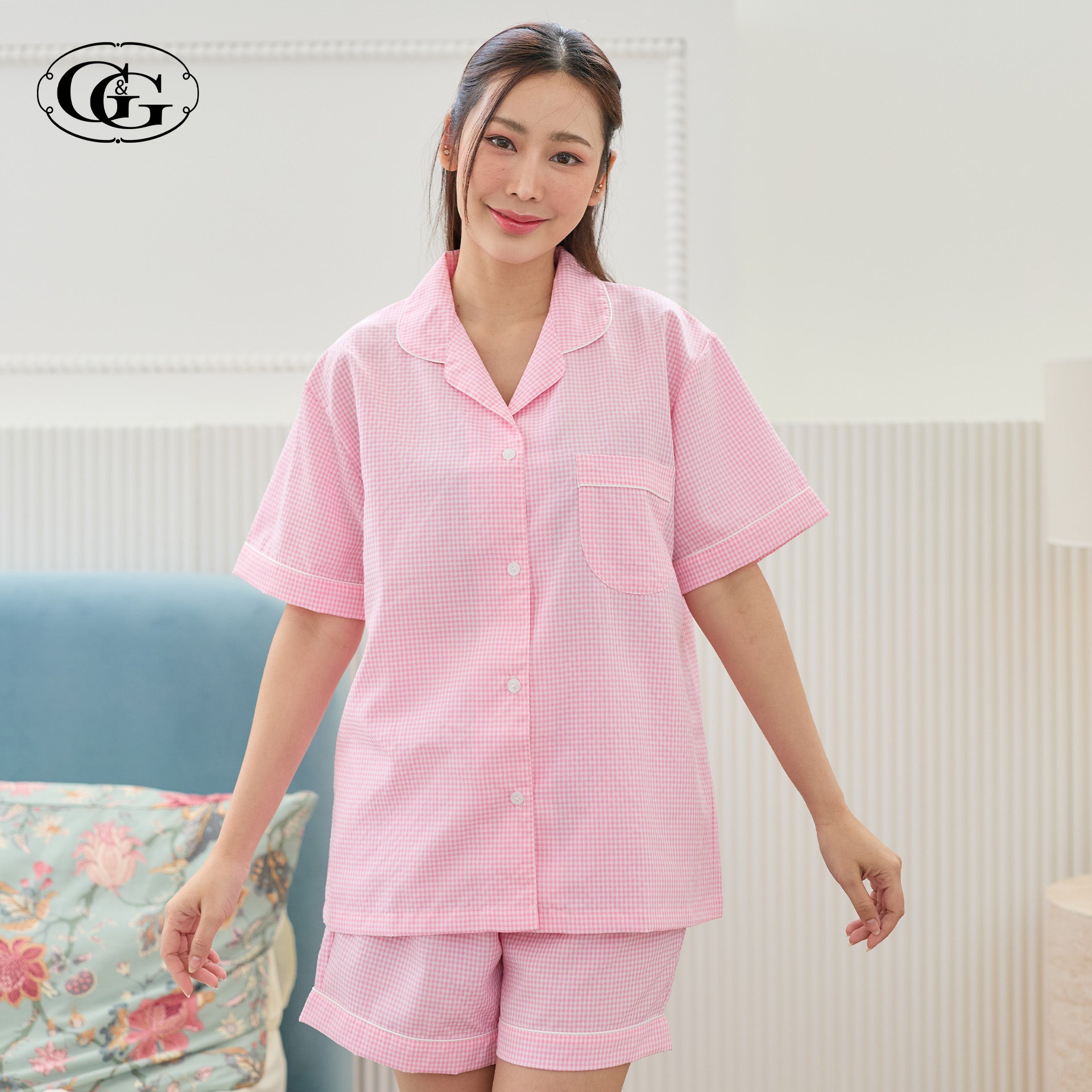 G&G - Pajama Set Short-Sleeve Collared Shirt and Shorts Polyester + Cotton Plaid EN1P009 - OCC LIFE