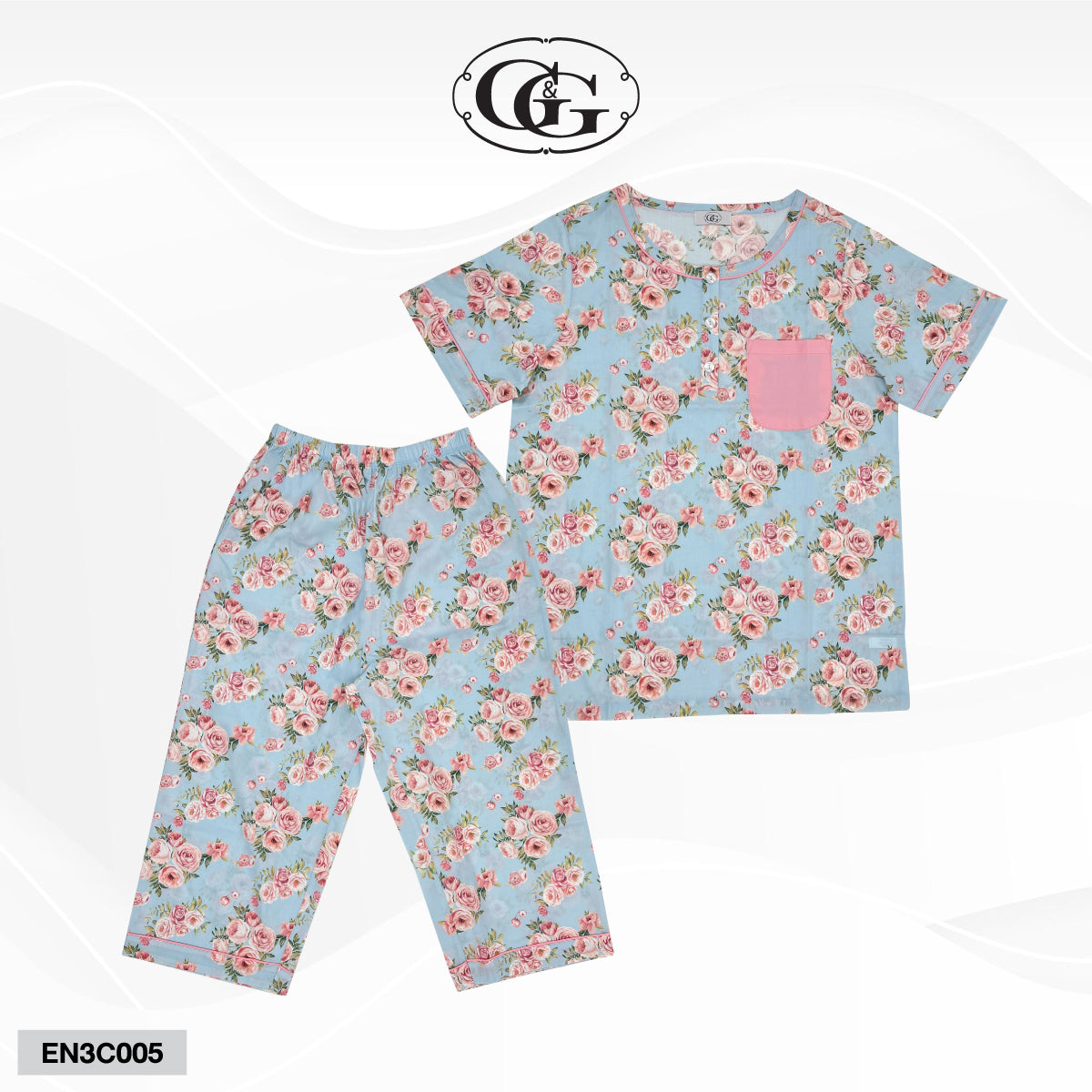G&G - Pajama Set Short-Sleeve Collared Shirt and Three-Quarter Pants Cotton Rose Print EN3C005 Light Blue (SX) - OCC LIFE