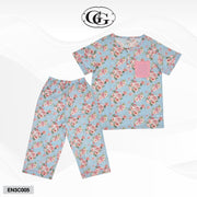 G&G - Pajama Set Short-Sleeve Collared Shirt and Three-Quarter Pants Cotton Rose Print EN3C005 Light Blue (SX) - OCC LIFE