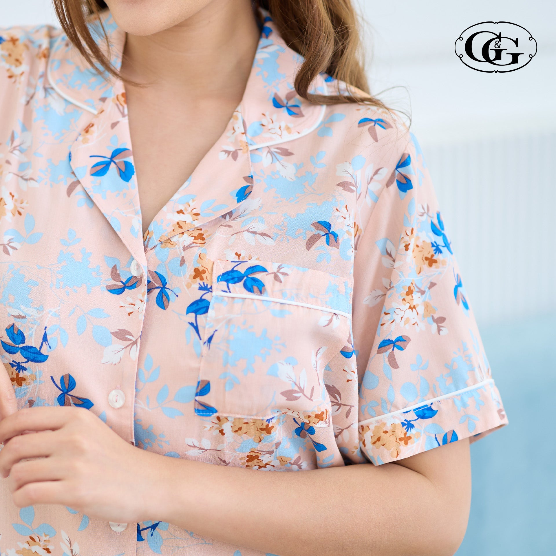 G&G - Pajama Set Short-Sleeve Collared Shirt and Three-Quarter Pants Spun Rayon Leaf Print EN3R016 Pink (PI) - OCC LIFE
