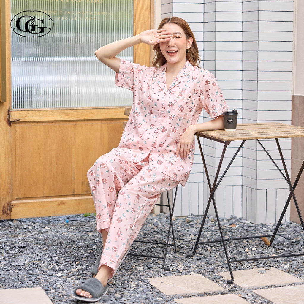 G&G - Pajama Set, Short-Sleeve Notched-Collar Shirt & Long Pants, Cotton, Pomegranate Print, EN4C002, Pink - OCC LIFE
