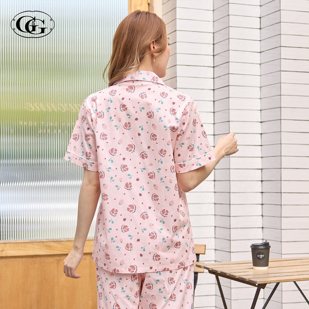 G&G - Pajama Set, Short-Sleeve Notched-Collar Shirt & Long Pants, Cotton, Pomegranate Print, EN4C002, Pink - OCC LIFE