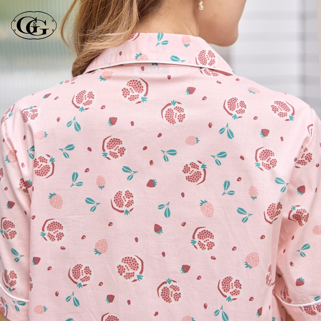 G&G - Pajama Set, Short-Sleeve Notched-Collar Shirt & Long Pants, Cotton, Pomegranate Print, EN4C002, Pink - OCC LIFE