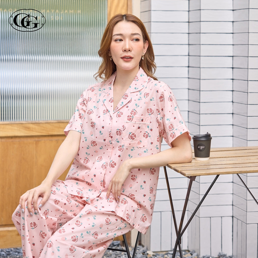 G&G - Pajama Set, Short-Sleeve Notched-Collar Shirt & Long Pants, Cotton, Pomegranate Print, EN4C002, Pink - OCC LIFE