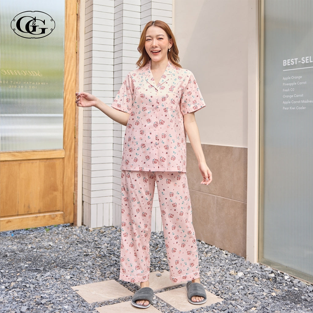 G&G - Pajama Set, Short-Sleeve Notched-Collar Shirt & Long Pants, Cotton, Pomegranate Print, EN4C002, Pink - OCC LIFE