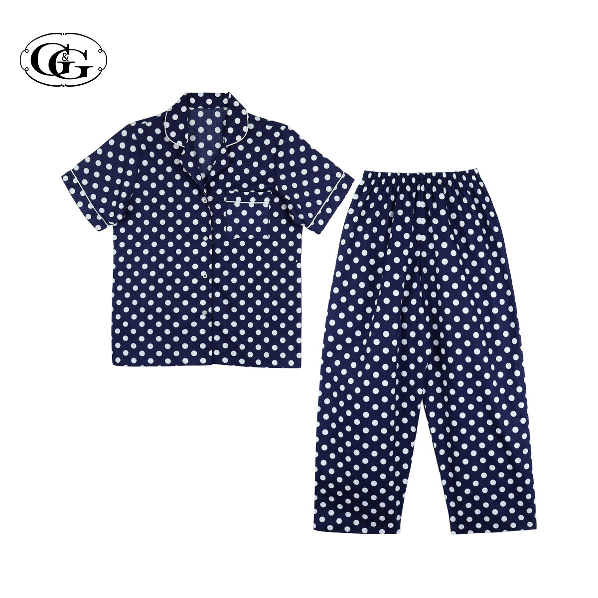 G&G - Pajama Set, Short-Sleeve Notched-Collar Shirt & Long Pants, Cotton, Polka Dot, EN4C005, White or Navy - OCC LIFE