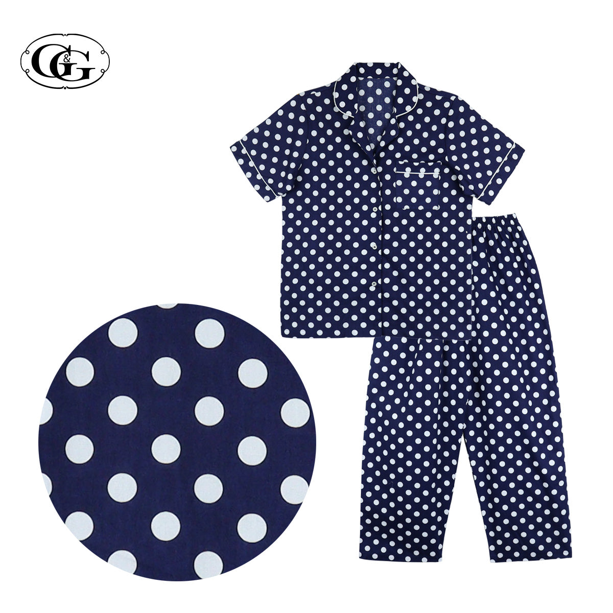 G&G - Pajama Set, Short-Sleeve Notched-Collar Shirt & Long Pants, Cotton, Polka Dot, EN4C005, White or Navy - OCC LIFE