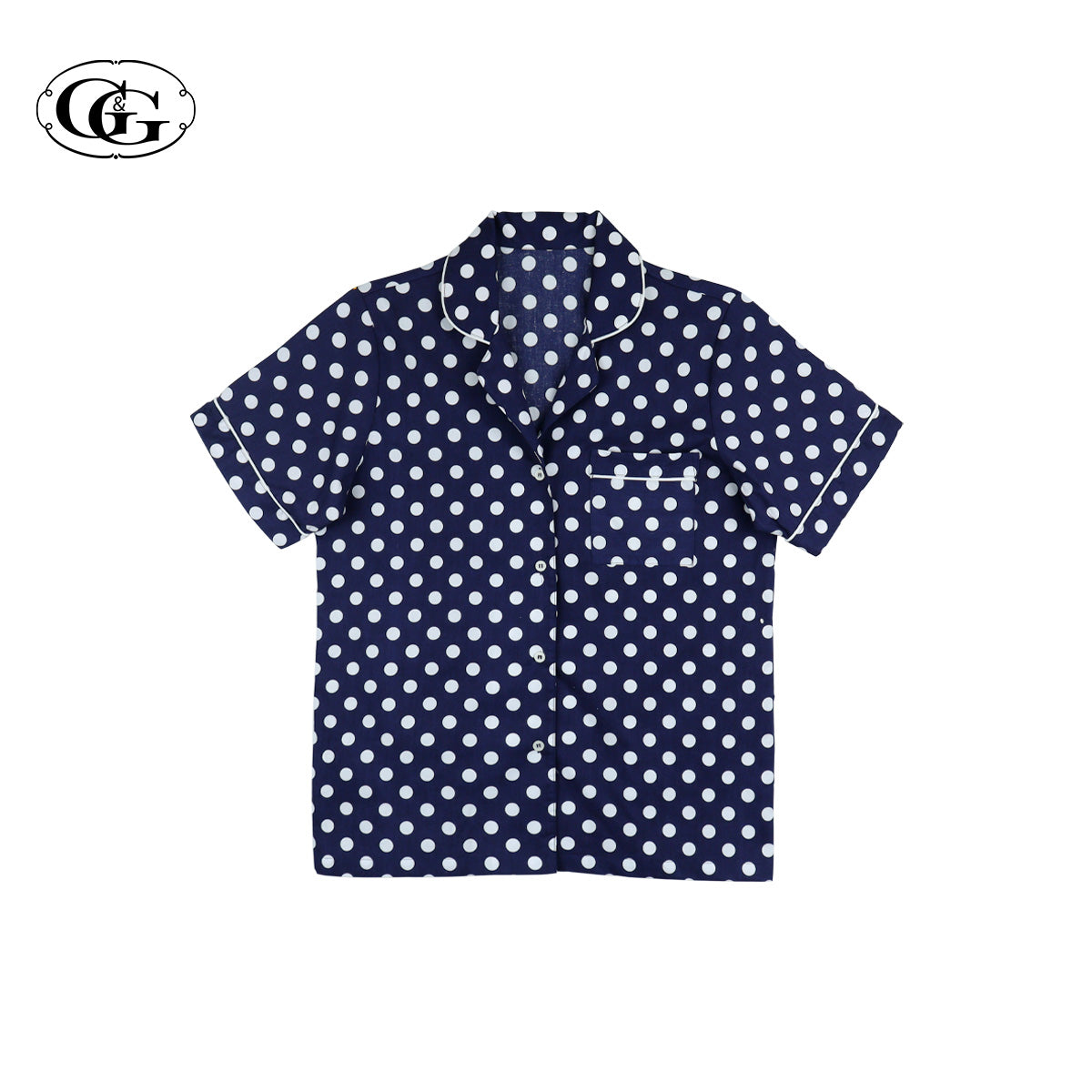 G&G - Pajama Set, Short-Sleeve Notched-Collar Shirt & Long Pants, Cotton, Polka Dot, EN4C005, White or Navy - OCC LIFE