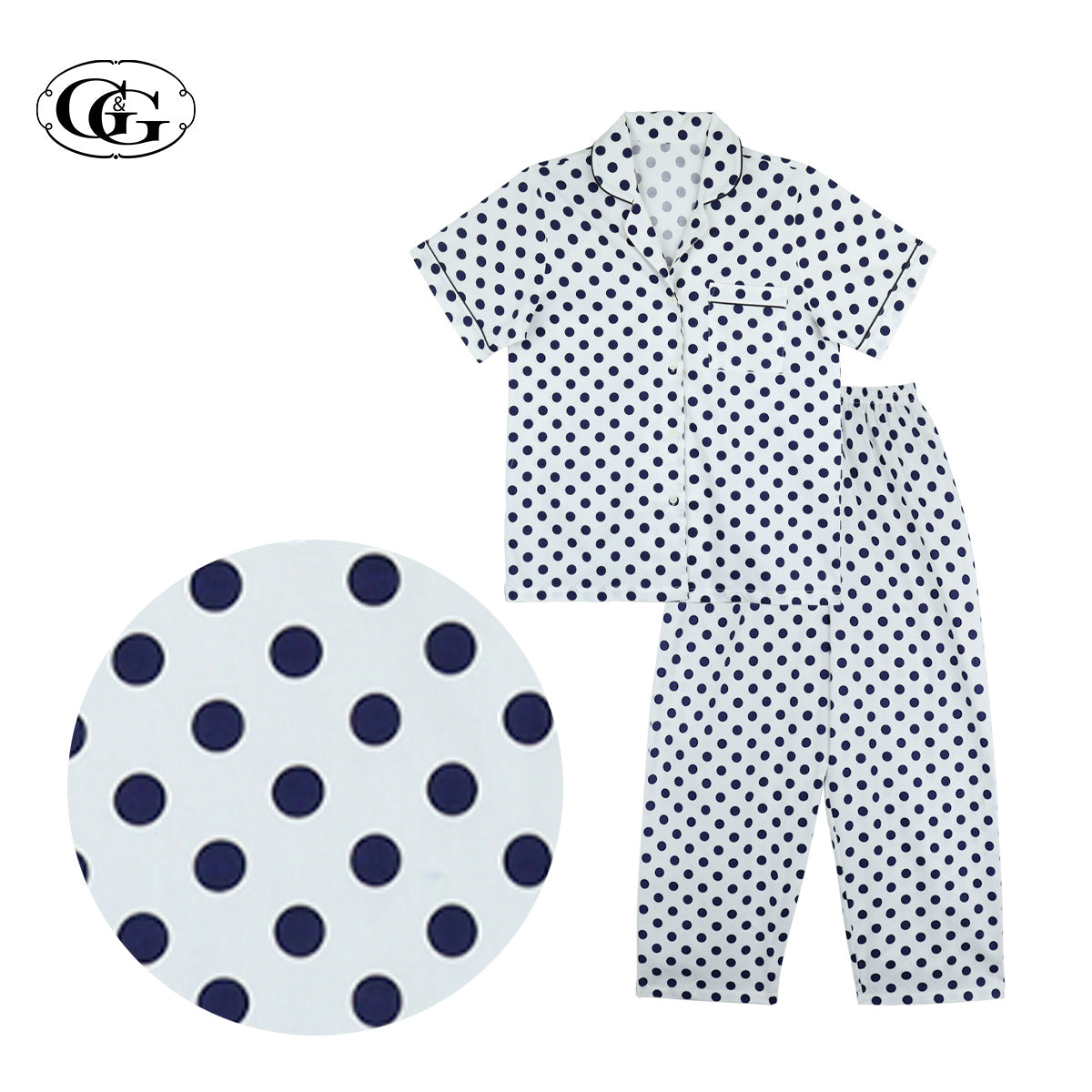 G&G - Pajama Set, Short-Sleeve Notched-Collar Shirt & Long Pants, Cotton, Polka Dot, EN4C005, White or Navy - OCC LIFE