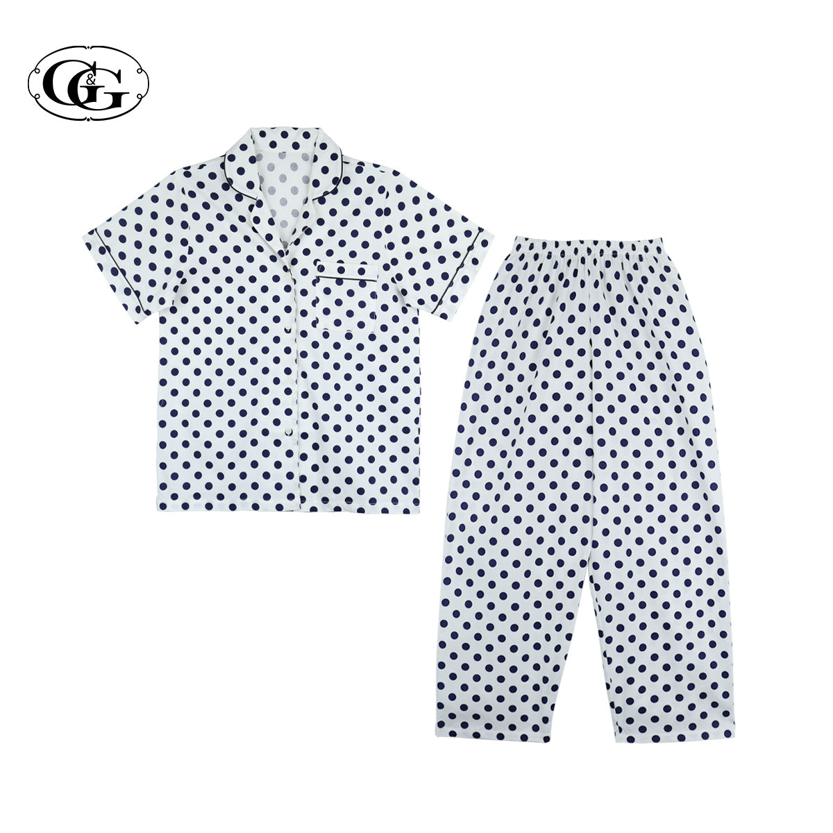 G&G - Pajama Set, Short-Sleeve Notched-Collar Shirt & Long Pants, Cotton, Polka Dot, EN4C005, White or Navy - OCC LIFE