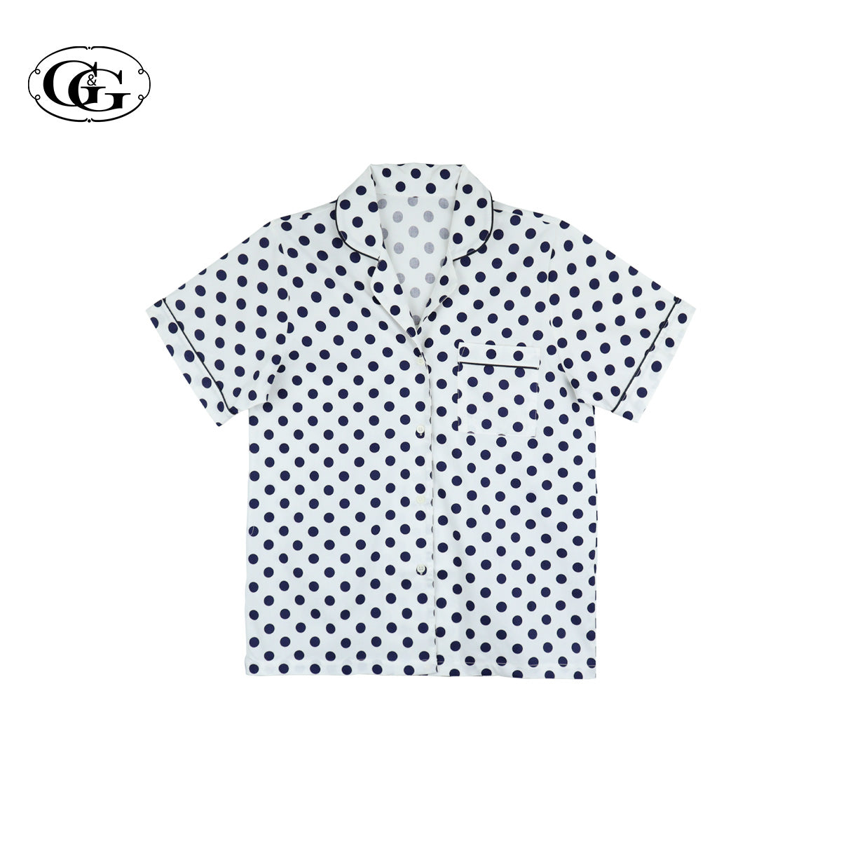 G&G - Pajama Set, Short-Sleeve Notched-Collar Shirt & Long Pants, Cotton, Polka Dot, EN4C005, White or Navy - OCC LIFE