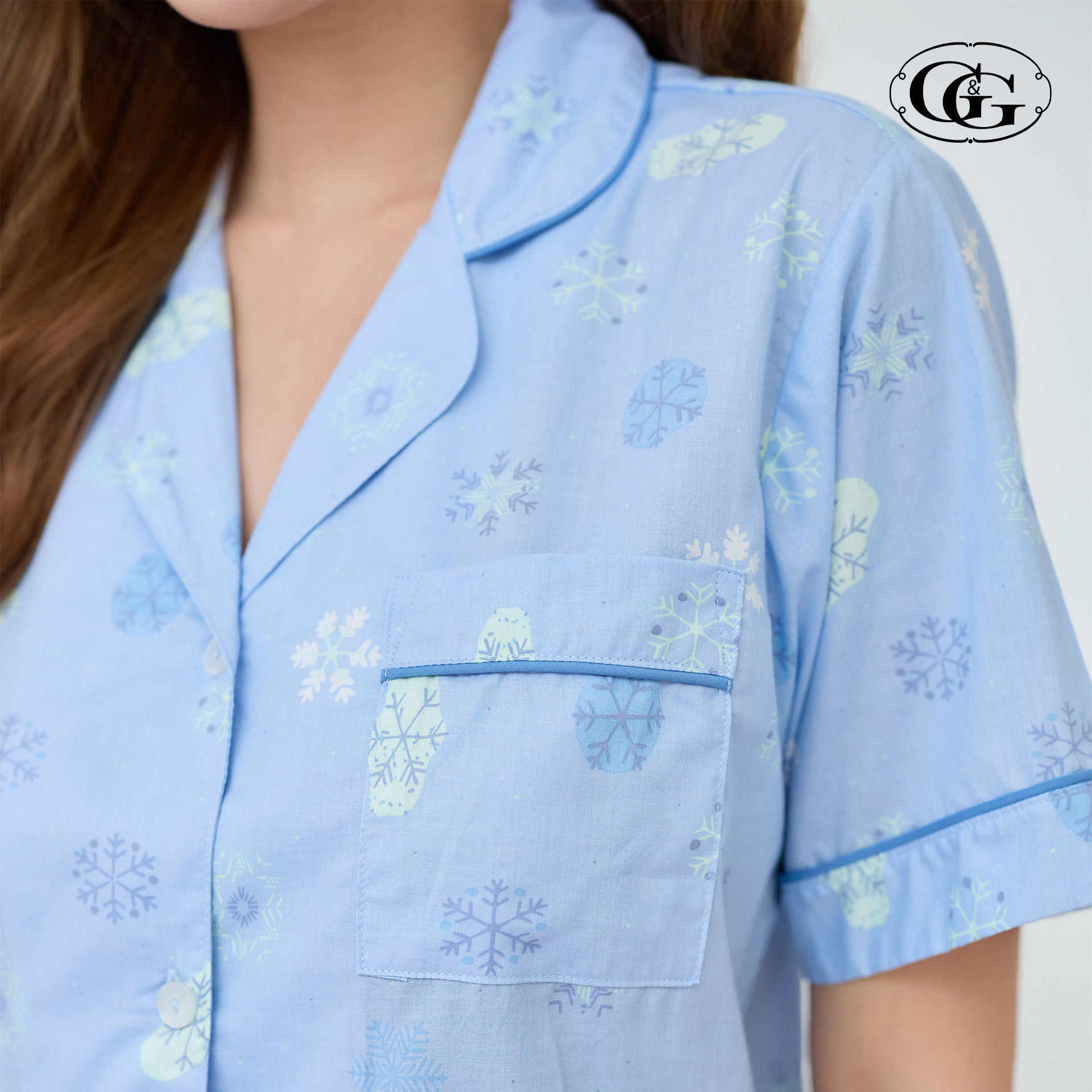 G&G - Pajama Set, Short-Sleeve Notched-Collar Shirt & Long Pants, Cotton, Snowflake Print, EN4C007, Blue - OCC LIFE