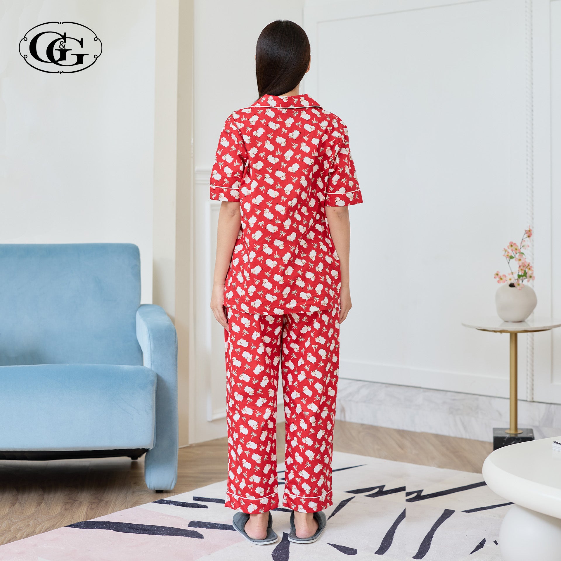 G&G - Pajama Set Short-Sleeve Collared Shirt and Long Pants Cotton Little Sheep Print EN4C010 - OCC LIFE