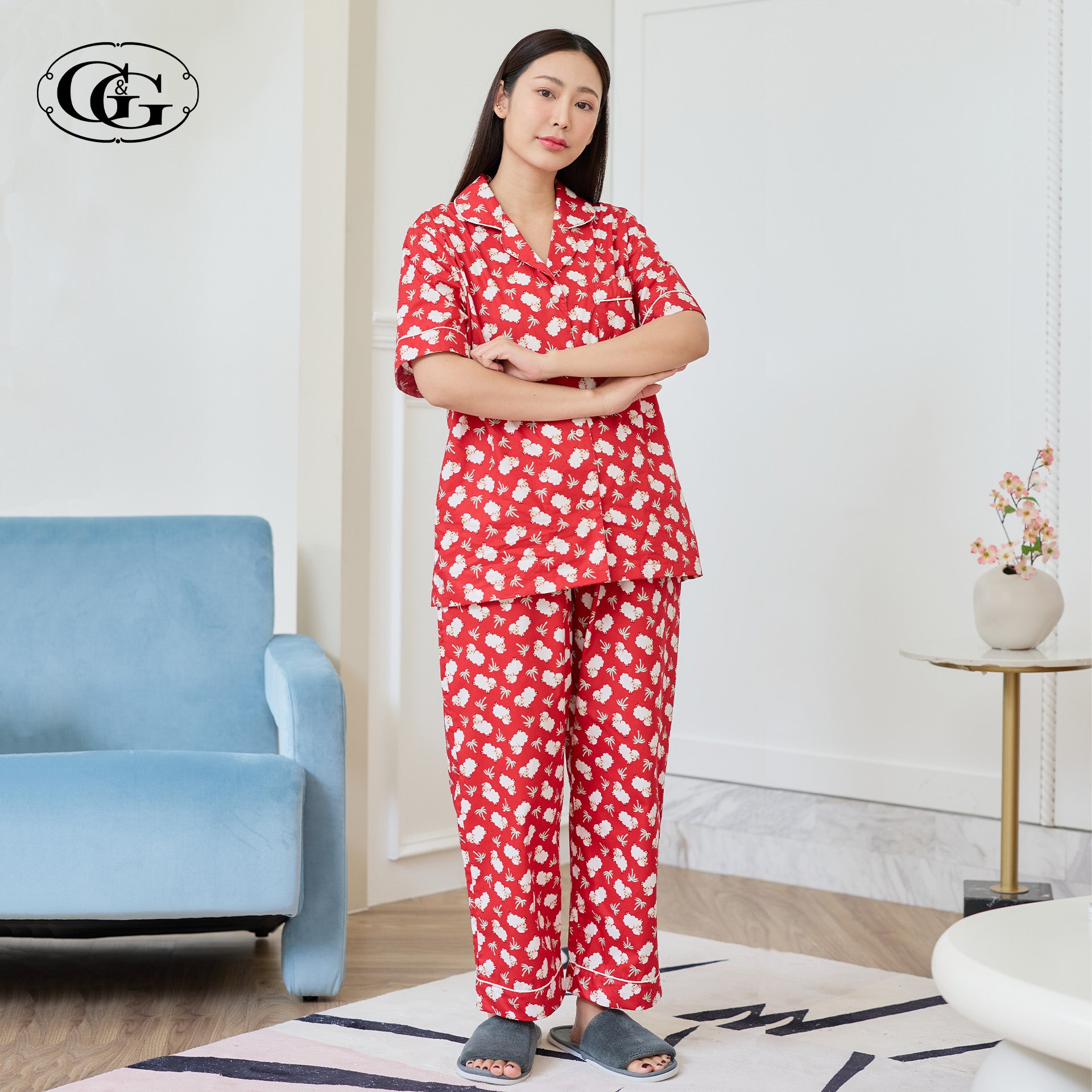 G&G - Pajama Set Short-Sleeve Collared Shirt and Long Pants Cotton Little Sheep Print EN4C010 - OCC LIFE