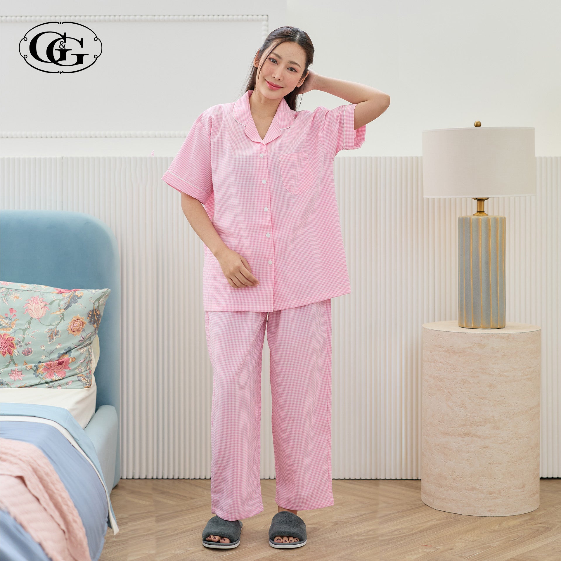 G&G - Pajama Set Short-Sleeve Collared Shirt and Long Pants Polyester + Cotton EN4P011 - OCC LIFE