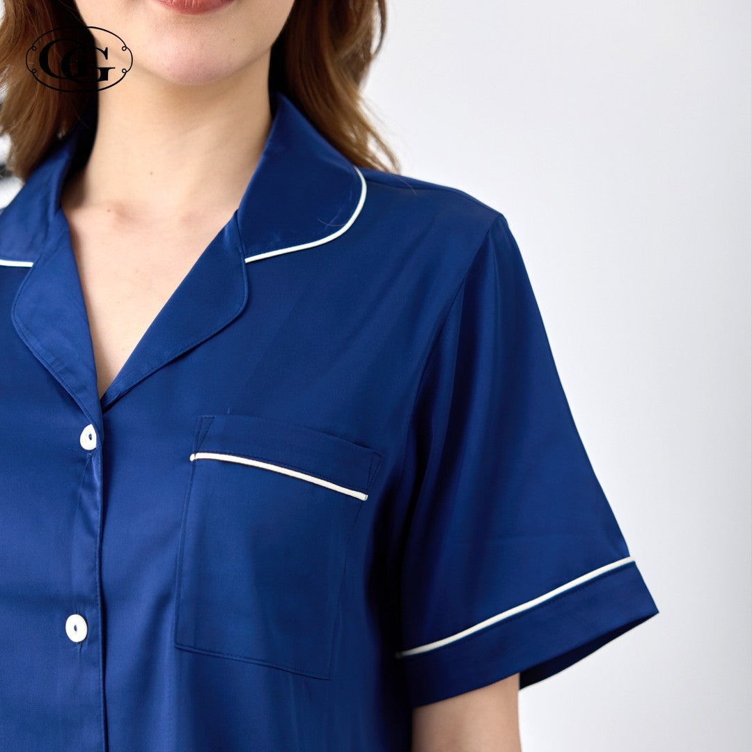 G&G - Satin Pajama Set, Short-Sleeve Notched-Collar Shirt & Long Pants, EN4S001, Navy Gray Pink - OCC LIFE