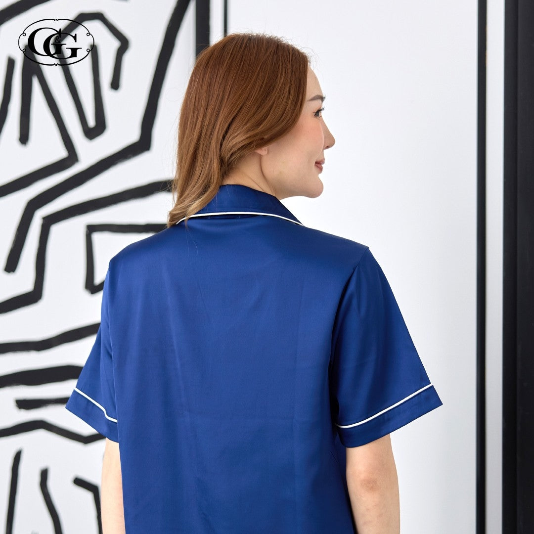 G&G - Satin Pajama Set, Short-Sleeve Notched-Collar Shirt & Long Pants, EN4S001, Navy Gray Pink - OCC LIFE