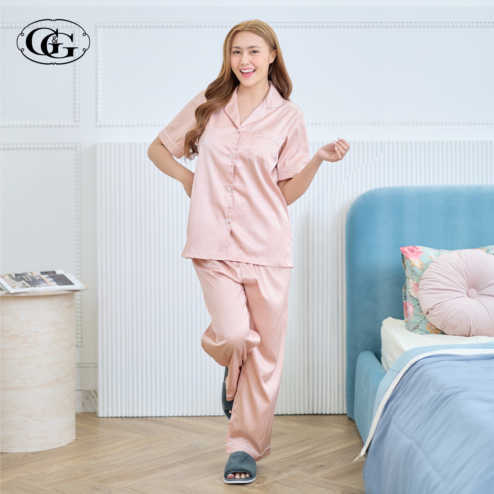 G&G - Pajama Set, Short-Sleeve Notched-Collar Shirt & Long Pants, Satin, EN4S006, Peach Pink - OCC LIFE