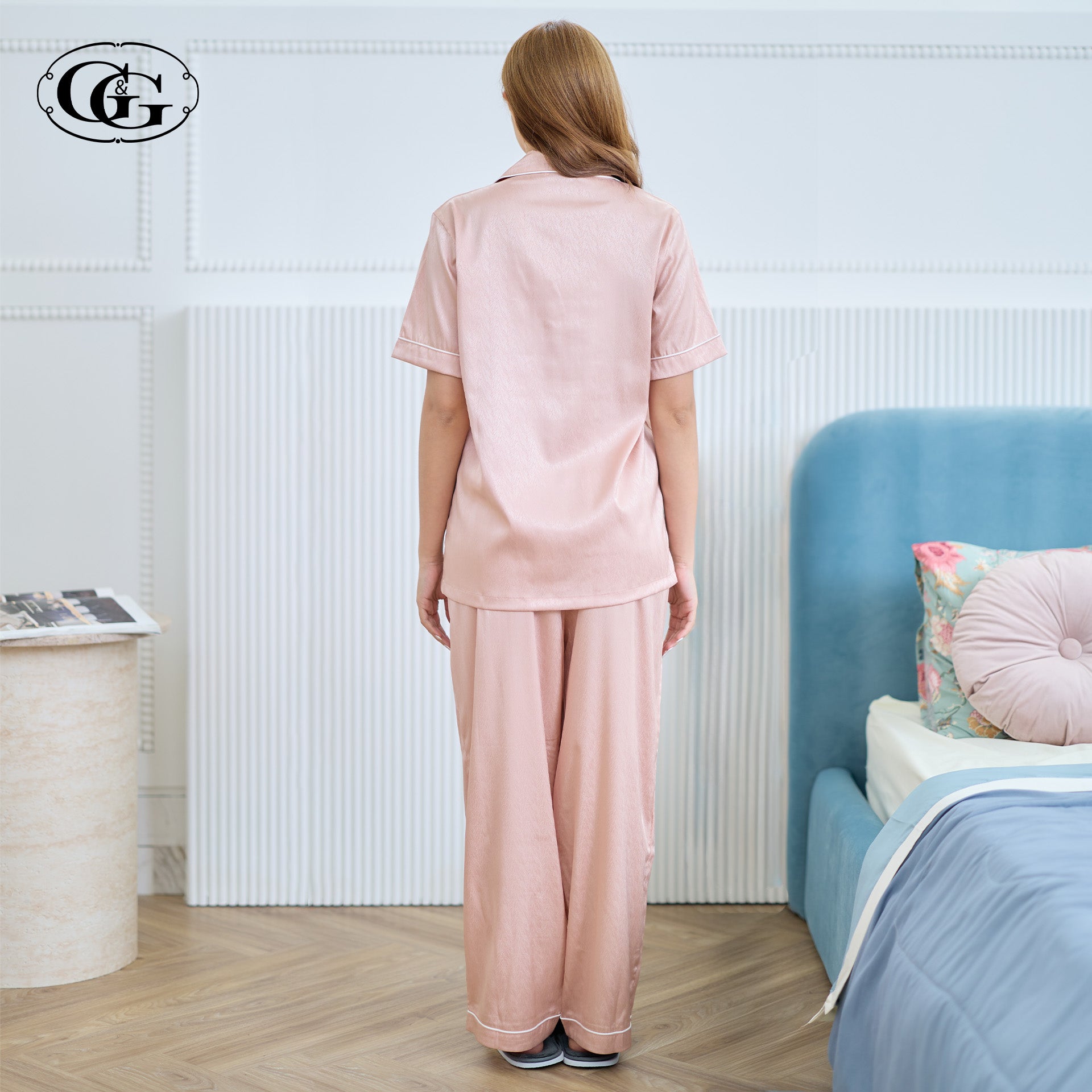 G&G - Pajama Set, Short-Sleeve Notched-Collar Shirt & Long Pants, Satin, EN4S006, Peach Pink - OCC LIFE