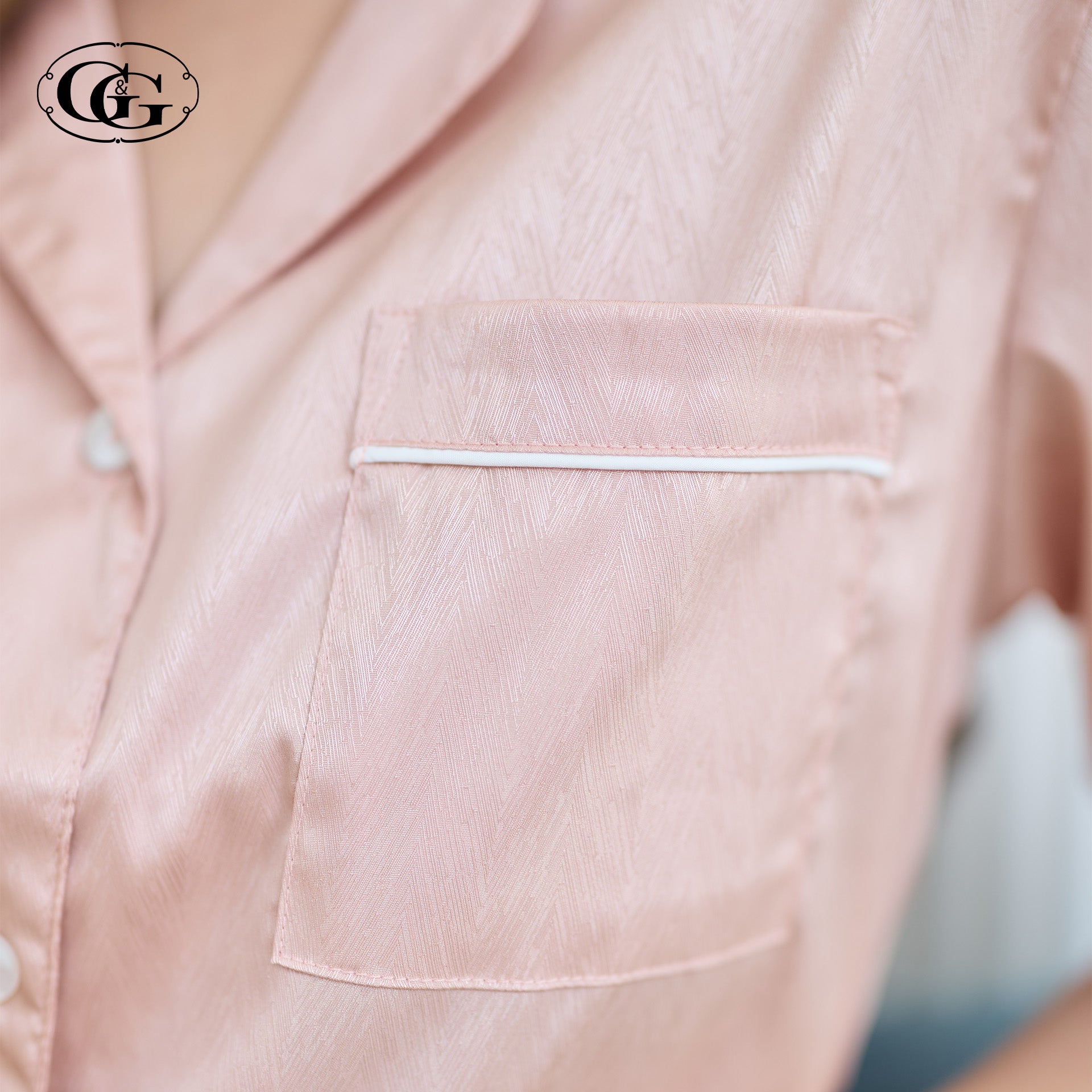 G&G - Pajama Set, Short-Sleeve Notched-Collar Shirt & Long Pants, Satin, EN4S006, Peach Pink - OCC LIFE