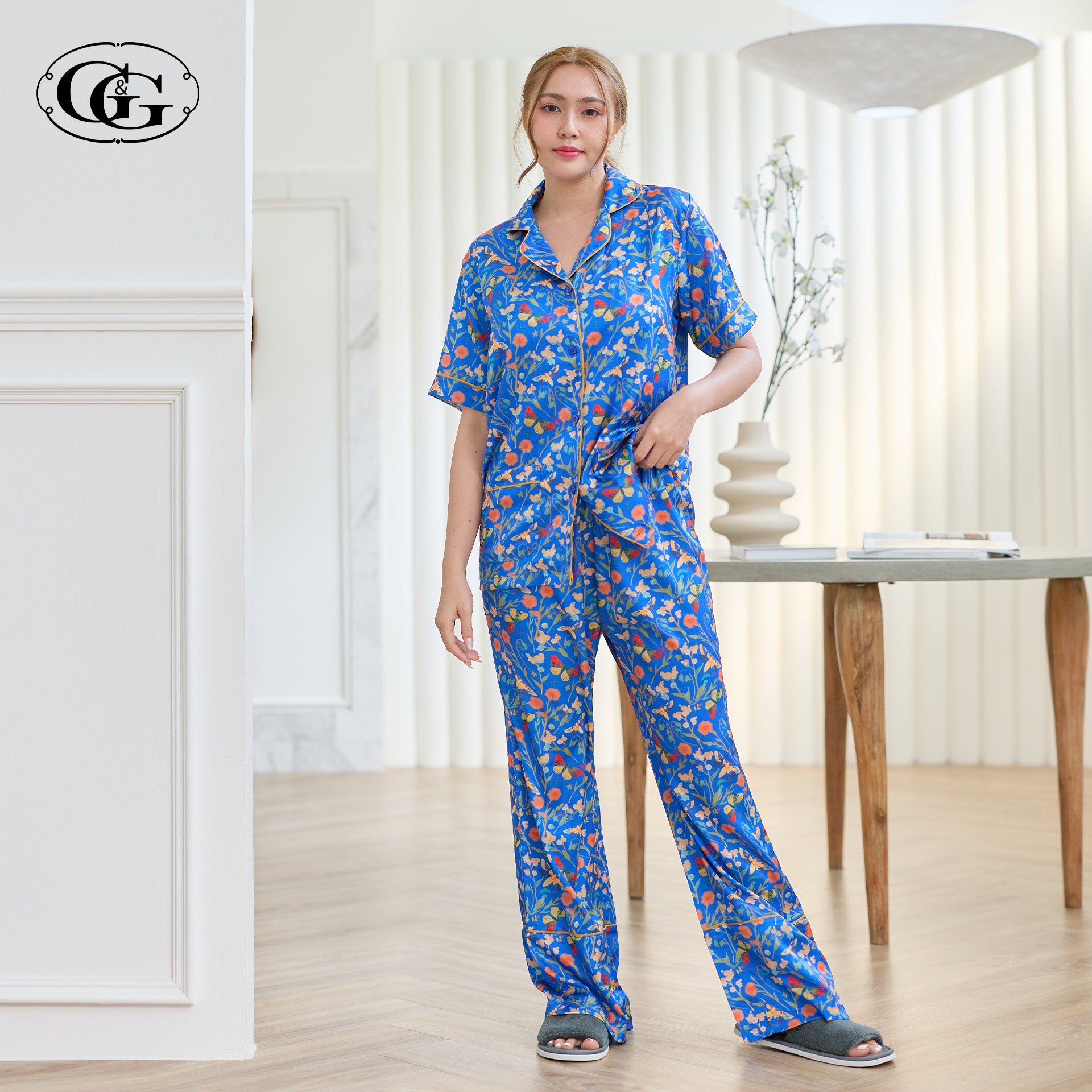 G&G - Pajama Set Short-Sleeve Collared Shirt and Long Pants Satin EN4S007 - OCC LIFE