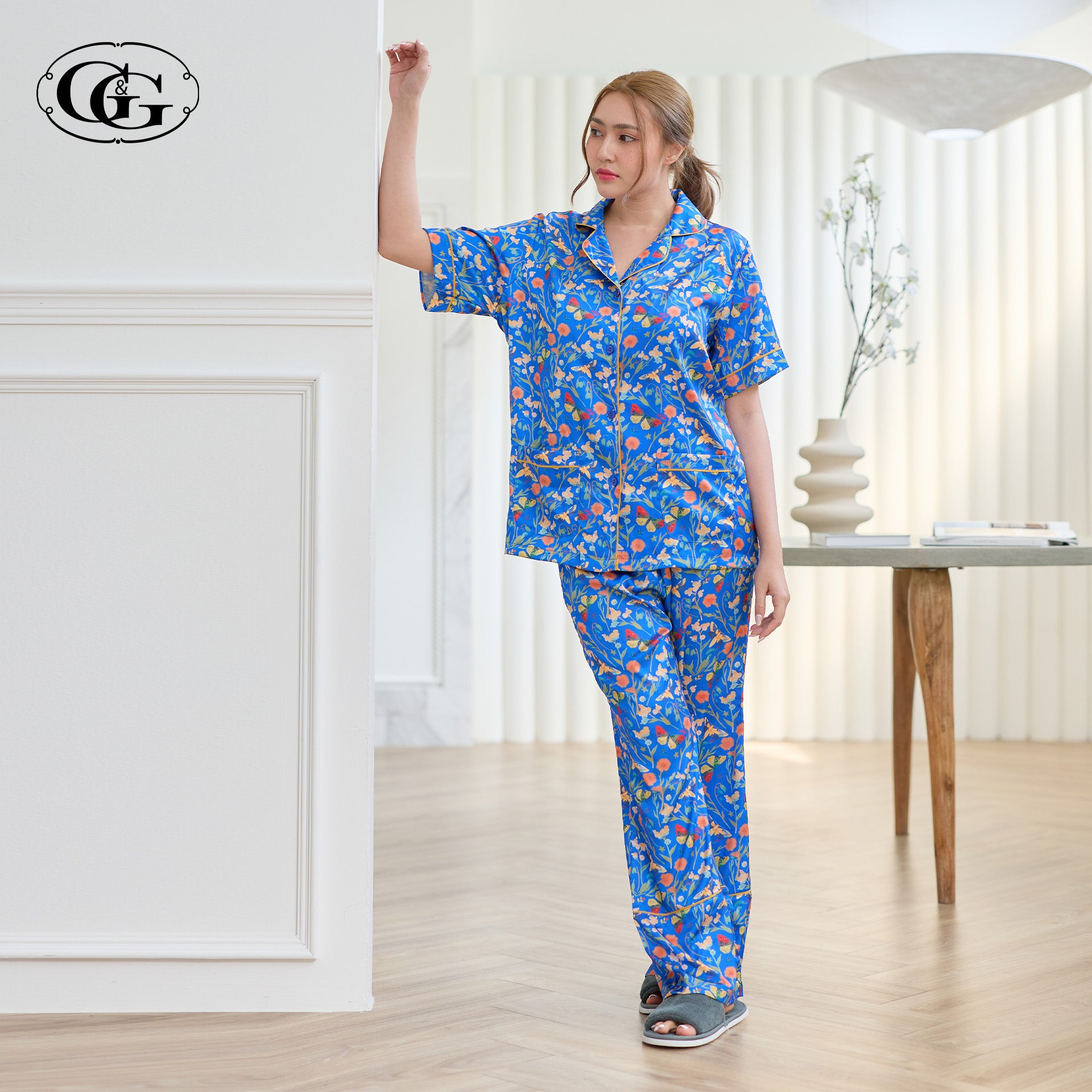 G&G - Pajama Set Short-Sleeve Collared Shirt and Long Pants Satin EN4S007 - OCC LIFE