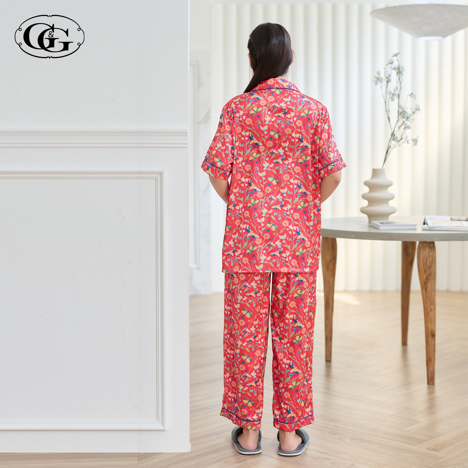 G&G - Pajama Set Short-Sleeve Collared Shirt and Long Pants Satin EN4S007 - OCC LIFE