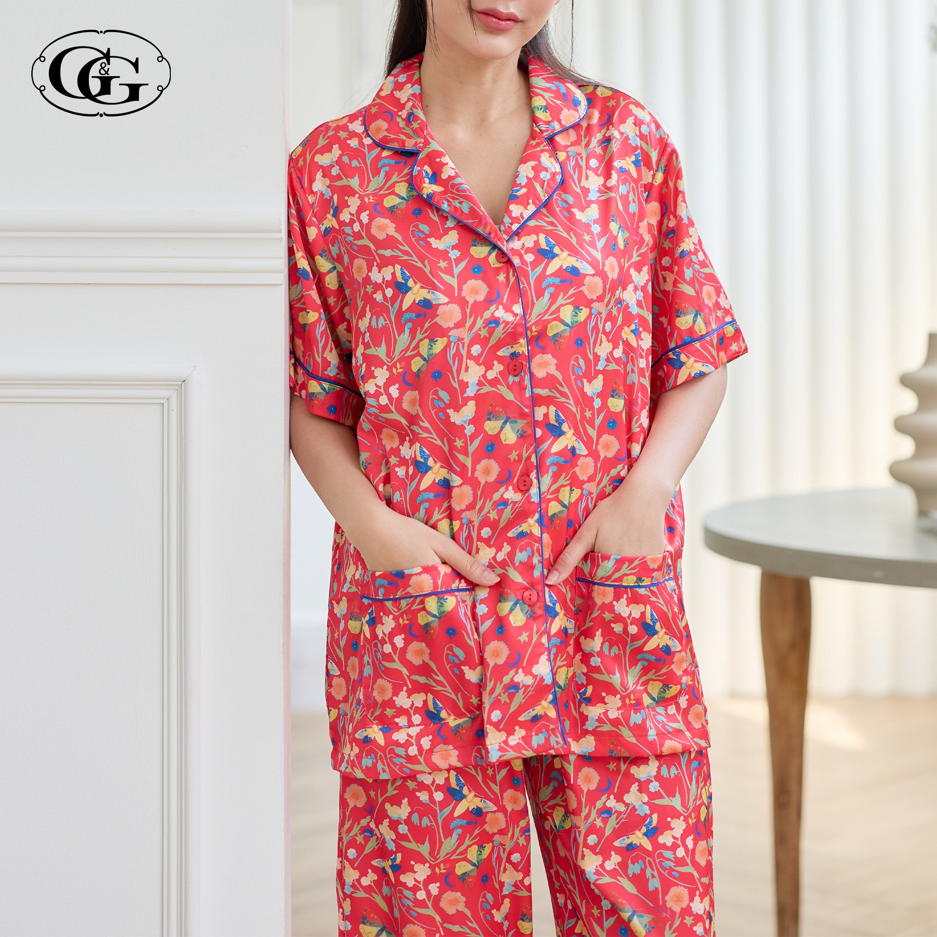 G&G - Pajama Set Short-Sleeve Collared Shirt and Long Pants Satin EN4S007 - OCC LIFE