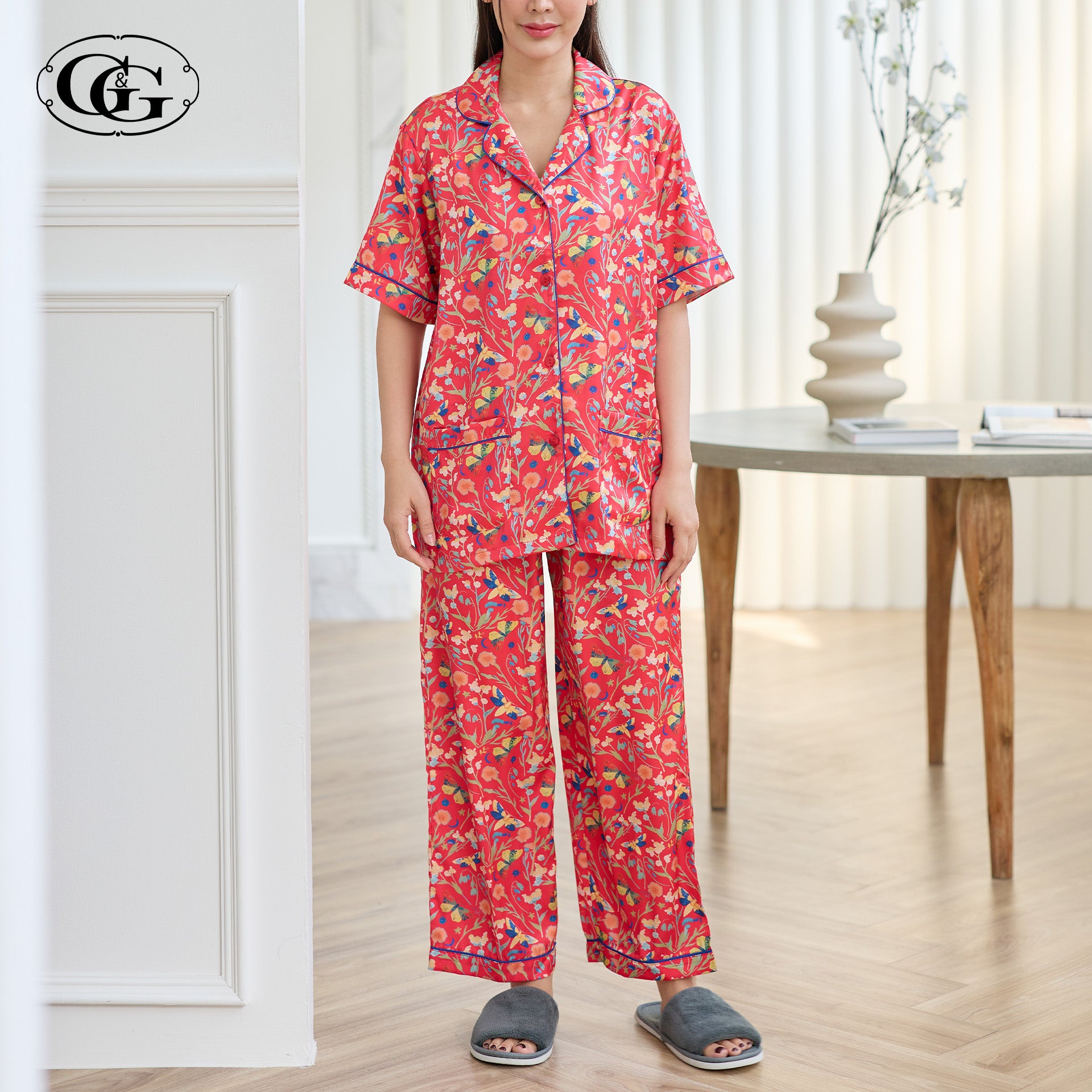 G&G - Pajama Set Short-Sleeve Collared Shirt and Long Pants Satin EN4S007 - OCC LIFE