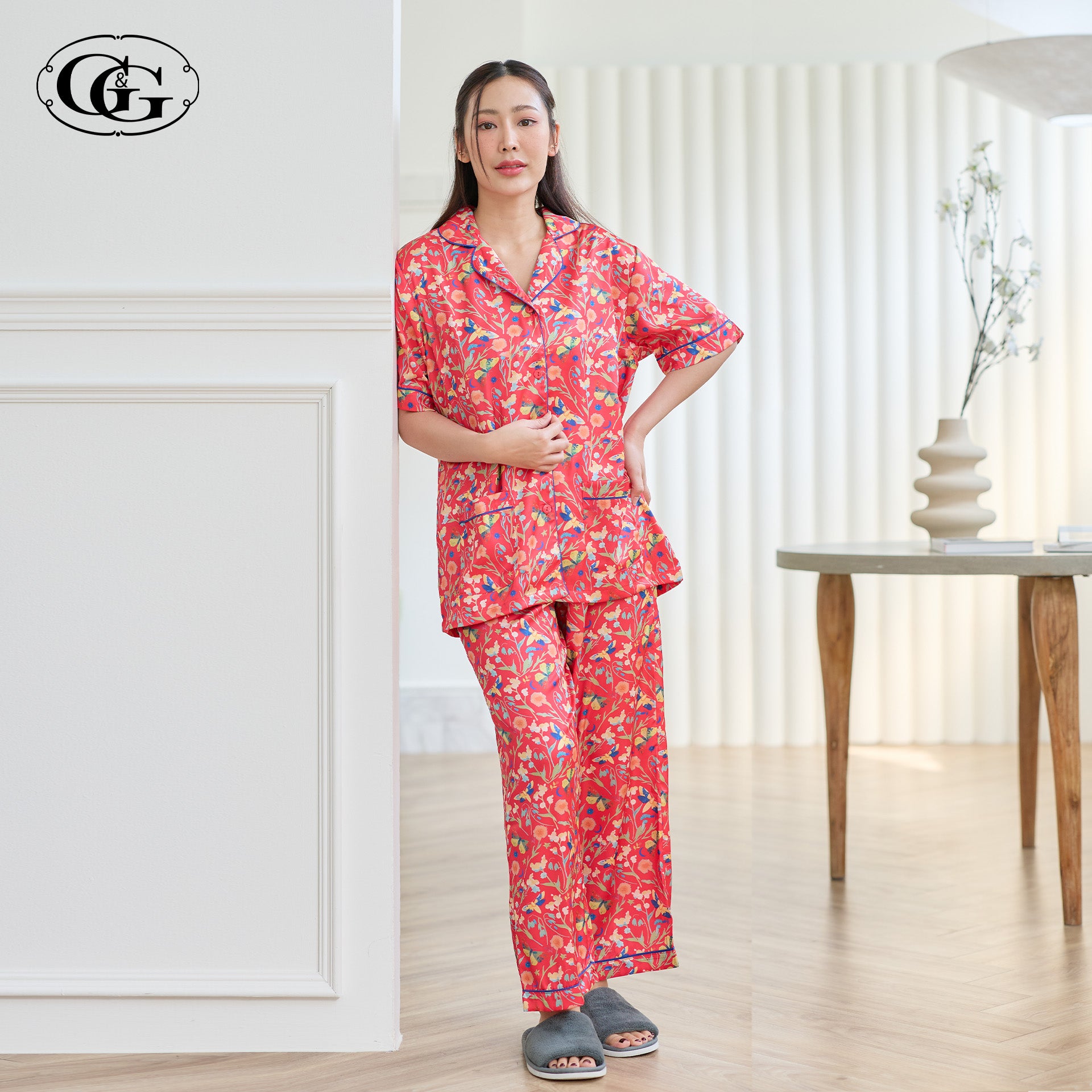 G&G - Pajama Set Short-Sleeve Collared Shirt and Long Pants Satin EN4S007 - OCC LIFE