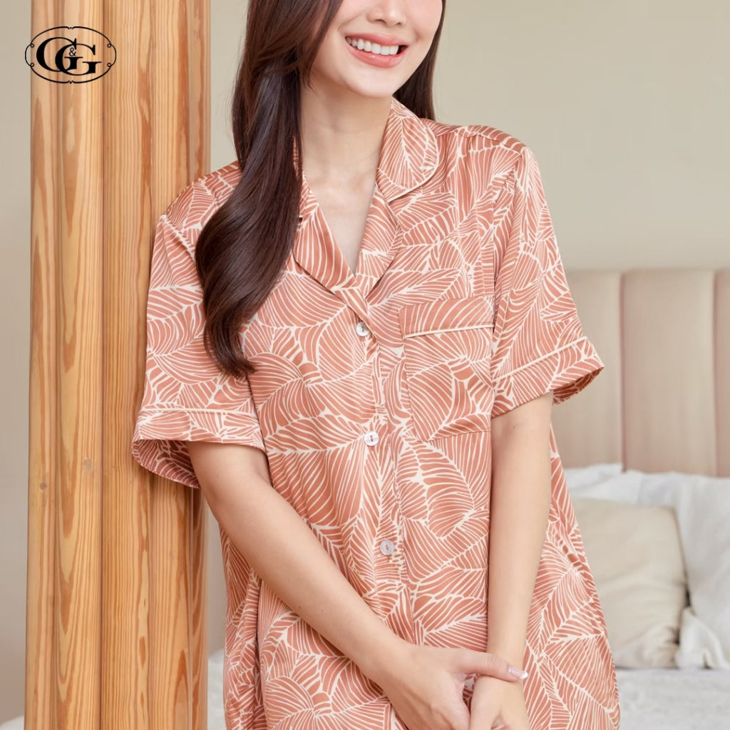 G&G - Pajama Set, Short-Sleeve Notched-Collar Shirt & Long Pants, Satin, EN5P24, Orange - OCC LIFE